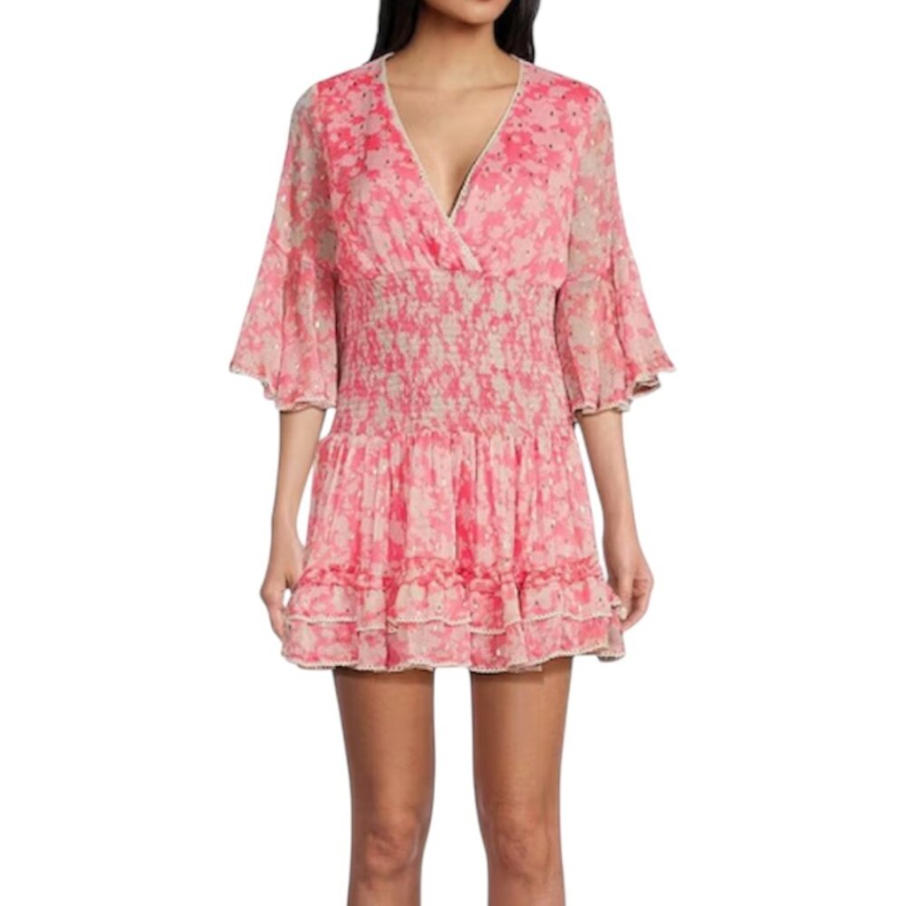 C & V Chelsea & Violet Pink Floral Smocked Mini Dress Bell Sleeve Boho, L, NWT